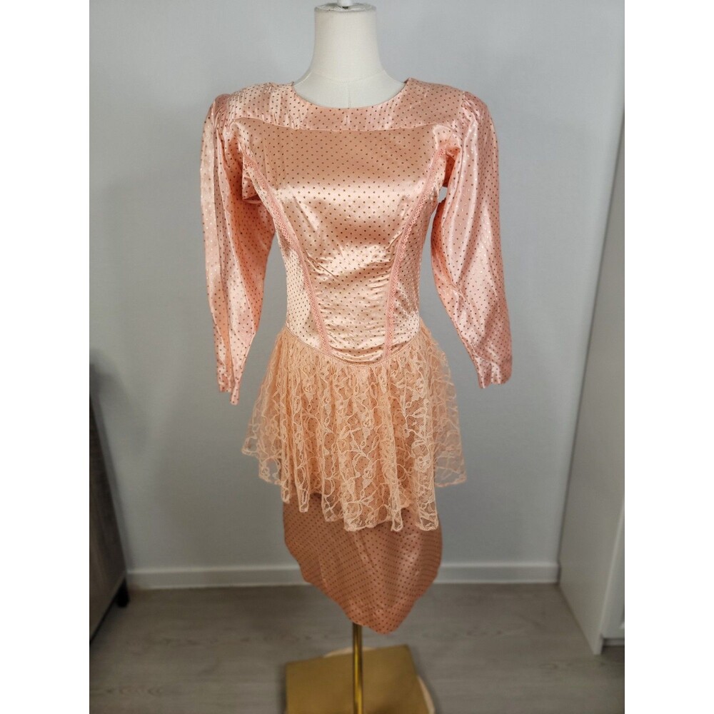 Vintage Homemade Homecoming Mid 80s Party Dress Peach Lace Sheath Peplum S - Picture 4 of 17